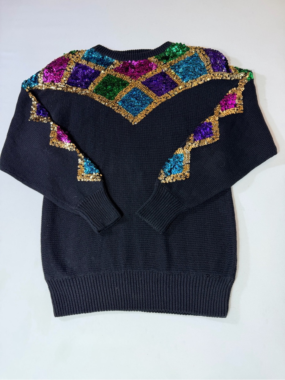Marnie West Diamond Sequins Medium Long Sleeve Vintage Sweater Black Multicolor